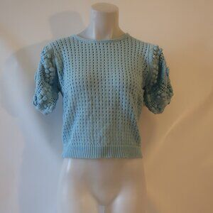 NWT Womens Stella Pardo Paris "Greta" Blue Crochet Short Sleeve Sweater XS